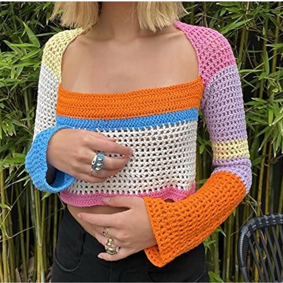 Womens Colorful Crochet Long Sleeve Crop Top – Size M - Picture 1 of 8